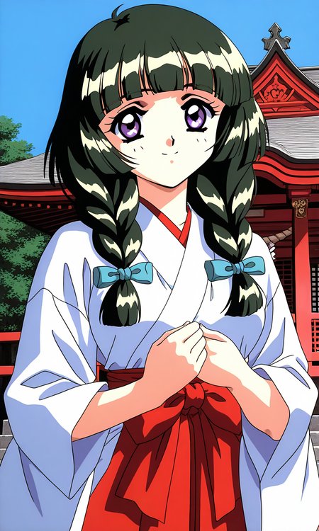 general,highres, ultra-detailed,very aesthetic,best quality ,best hands,  BREAK <lora:Kamiyama_Miko_OVA_IS:1>Kamiyama_Miko_OVA, 1girl,solo, dark green hair, twin braids, blunt bangs, hair over shoulder, 1990s (style), anime coloring, breasts,
miko, solo, japanese clothes, red hakama, skirt, hakama, hakama skirt, 
 purple eyes, long sleeves, long hair, smile, looking at viewer, wide sleeves, ribbon, hair ribbon, twintails, bow,
shrine, sky, Japan,