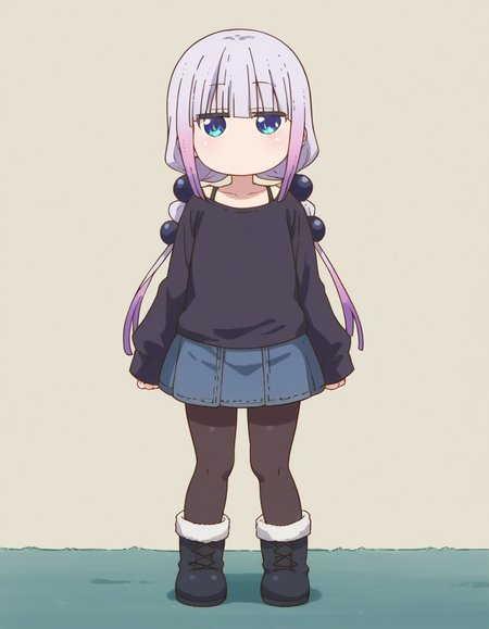 zPDXL, score_9, score_8_up, score_7_up, source_anime, (portrait),  <lora:KobayashiDragonPack:1> drgmd, 1girl, solo,
kanna kamui, petite, little girl, child, plump, purple hair, long hair, low twintails, blue eyes, flat chest , denim-skirt, (pantyhose), winter-coat, black-camisole, winter-boots, expressionless, dojikko_pose,
