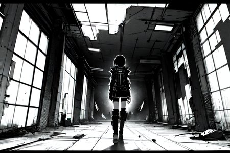 highly insanely detailed, masterpiece, top quality, best quality, highres, 4k, 8k, RAW photo, (very aesthetic, beautiful and aesthetic),  
tsutomu nihei,nihei_tsutomu,blame!,blame gakuen!,abara,TNstyle,sidonia_no_kishi,letterboxed,walkway,concrete walls,metal walls,bones,decrepit,empty,dystopia,destroyed,no human,open space,vast scenery,perspective,flock,futuristic,biomachine,bioluminescence,dark background, 
<lora:ABARA:0.5>, 
(1girl:1.3), 
solo focus, 
Chinese calligraphy in background,pure white background,âââ