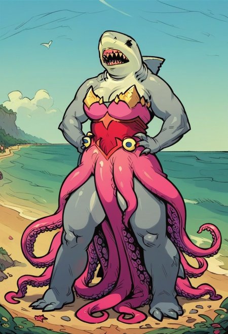 score_9_up, score_8_up, score_7_up, score_6_up, 1girl, solo, Prin_5hark, shark, anthro, monster girl, grey skin, large breasts, sharp teeth, claws, pink tentacle dress, black eyes, wicked grin, standing, both hands on hips, outdoors, beach, bright sunshine, (realistic, painted art)