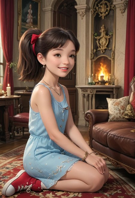 score_9, score_8_up, score_7_up, masterpiece, best quality, highly detailed, (masterpiece, best quality, highly detailed), very detailed face, hyperrealistic, (UHD quality details), beautiful face,
Sitting on luxurious sofa,
1 girl, legal age, young, petite, flat chest, small breast,
Luxurious earings, necklace, Bracelet,
Smile, happy,
Emmypony
 overall skirt, ponytail, red hair ribbon, brown hair, brown eyes, red converse, red footwear
Sitting on luxurious sofa,
Luxurious dining room, chateau, fireplace, fire in the fireplace, chandeliers, candles, window, carpet, curtains, paintings on the walls, table, sofa, 
Cowboy shot,  Dynamic move, Moving,
Working, 
Side view