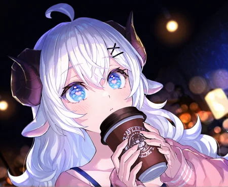 (highres, absurdres, wallpaper,masterpiece, best quality), masterpiece, best quality, very aesthetic, artist:[nobusawa osamu|yoneyama mai|fuzichoco|mika pikazo] (darkness:1.5),
DollieHitsujida, white hair, long hair, fluffy hair,  horns, ahoge, sheep ears, blue eyes, heart shaped pupils, 1girl, solo, x hair ornament, pjoutfit, cafe, holding coffee cup, bokeh,  enchanting eyes
 <lora:noobai_vpred_1_masterpieces_v23:1>  <lora:DollieHitsujidav2EPOCH15:0.8>  (dynamic angle:1.5)  <lora:9_EnchantingEyes:0.6>  <lora:DarkSlider1.2_alpha1.0_rank16_full_300steps:-1>