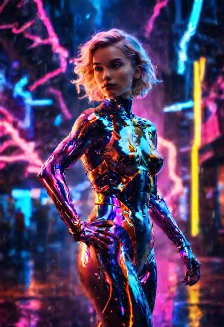 young woman standing on a futuristic street, (raining:2.0), car lights can be seen in the background, super sexy mechanical leotard, midriff, beautiful ass, surrounded by neon colors, 3/4 turned to side,  <lora:sdxl_lightning_8step_lora:1>,   (photorealistic:1.2), (intricate and beautiful:1.8), interesting setting:2, cute fit 18 year old, girl, young, giant breasts, facing side, (masterpiece, best quality, highres:1.2),  <lora:CyborgCosplay_SDXL:1> , CyborgCosplay, mechanical arms, mechanical legs, head gear,  futuristic, technological, cybernetic enhancements, Cosmic light in backfront, omnipotent, color graded cinematic, backlight:2, hair light:2,   <lora:SDXLFaeTastic2400:0.35> ,  vibrant whimsical colors, whimsical fantasy,  cinematic composition:2,  <lora:great_lighting:3> , great lighting,