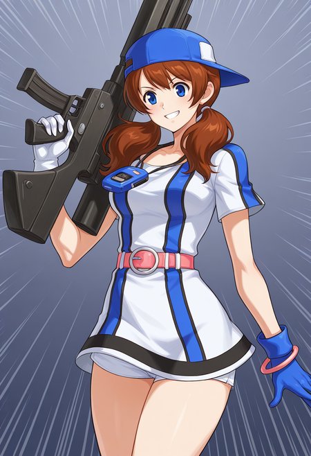 masterpiece, best quality, ultra-detailed, absurdres, newest, 1girl, solo, aingbc, brown hair, long hair, low twintails, blue eyes, baseball cap, multicolored dress, short sleeves, neo geo pocket color necklace, blue gloves, white gloves, bracelet, belt, white shorts under dress, holding rifle, huge weapon, grin, confident smile, emphasis lines,