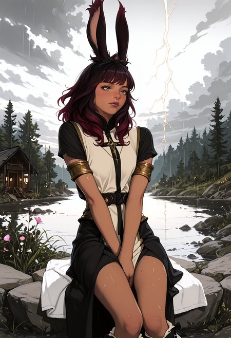 realistic, very awa, ambient occlusion, ray tracing, [sei_shoujo], [yoshiten], [takeuchi_takashi], [libbyframe], style parody, [bang_dream!], [arcane:_league_of_legends], [league_of_legends], saturated, colorful, (dynamic angle:1.3), (cowboy shot:1.2) BREAK 1girl, solo, <lora:Final_Fantasy_XIV_Races_Female_Viera_for_IllustriousXL:0.5> rabbit_girl, viera, <lora:anti_human_ears:0.7> dark ruby hair, soft bangs hair with hairband, rabbit ears, green eyes, body freckles , oily skin (brown skin:1.2), thicc body, thin thighs, long legs, , perfect hands, colored lips, (inspired), side eye BREAK cleric, wearing fishnet blue leather bishop's mantle, (detailed red wool armor tabard), armlets,, holy symbol, angavastra, slit skirt, ribbon-trimmed boots, BREAK medieval, fantasy, outdoors, detailed landscape, narrow river, flowing water, flowers,rocks,cabin, sitting, knees together feet apart , v arms, on towel, riverbank, summer, sunrise, soft light, long shadows, grey sky, overcast, cloudy sky, rain , lightning, wind,,, dynamic lighting BREAK <lora:Face_Enhancer_Illustrious:0.6> <lora:DarkerThanDarkIllustriousV1:0.5> <lora:Sketchy_Pinup_Style_Illu_Edition:0.7> SP-Illu <lora:E-Girl_PFP_Style:0.6> EGirlPFP