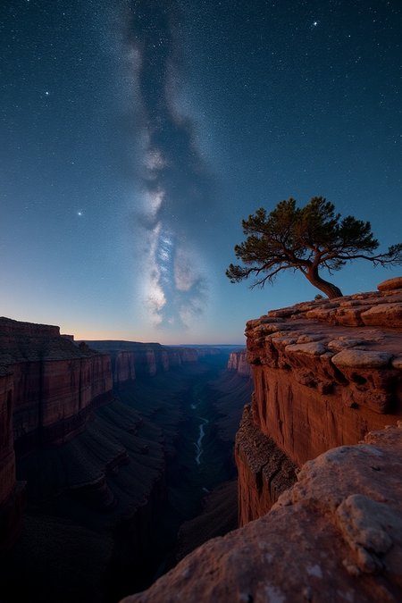 Under a vast, clear night sky filled with countless stars, a rugged canyon stretches into the distance, illuminated only by the pale light of a crescent moon. The Milky Way arcs overhead, casting a faint, otherworldly glow on the canyonâs red rock walls and craggy cliffs. A single, twisted juniper tree stands near the edge of a cliff, its silhouette etched against the star-lit sky. Captured with a Hasselblad camera, this wide-angle shot uses long exposure to bring out the stars, creating a scene that blends the raw, ancient beauty of nature with the vast, silent universe.