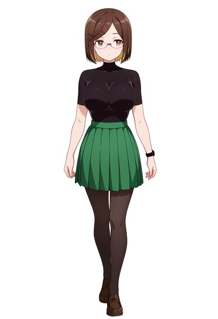 masterpiece,high quality details, absurdres,
 <lora:Konoha_Koga:0.8>koga_cnr, 1girl, brown hair, short hair, brown eyes, blonde hair, two-tone hair, large breasts, semi-rimless eyewear,hairclip,
koga_s1,green pleated skirt,black pantyhose, loafers, wristwatch,black bodysuit, short sleeves,, simple background, white background, front view,solo,