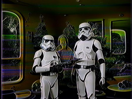 <lora:VHS_Pony:3> vhs footage of a star wars stormtrooper in a tree house, indoors, wood wall, glitch, blurry, noise, static, distorted, warped