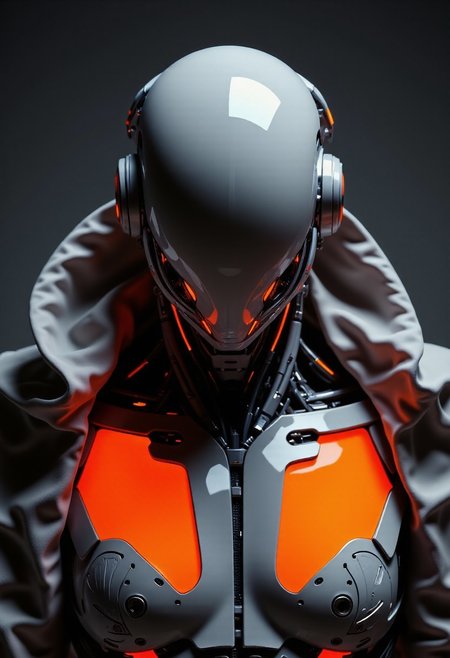 Avant-Garde Photoshoot: Monochrome High-Fashion with Neon Orange Highlights
A striking, high-fashion photoshoot capturing the upper body of an ajpasbot, a faceless Yakuza android. The scene is set in a minimalist, avant-garde studio, with the subject’s porcelain-smooth dome-shaped head, featureless and sculpted with soft, flowing curves. The android's face is entirely abstract, exuding an enigmatic, otherworldly presence, illuminated by dramatic monochrome lighting.
The chest and shoulders are draped in textured, sculptural materials, resembling swirling, impasto oil-paint-like strokes. These swirling patterns mimic the chaos and intensity of Van Gogh’s brushwork, now translated into sleek, modern forms. The surface of the android’s upper body appears to be alive, with abstract, chaotic lines and sharp angles, capturing a dynamic interplay of shadows and highlights.
Radiating outward from the center of the chest, neon luminous orange highlights pierce through the monochrome darkness, providing a stark contrast to the muted tones of the scene. The lighting is harsh yet elegant, casting sharp shadows and highlighting the striking curves of the android's form.
In the background, smoky spirals and abstract shapes subtly dissolve into the void, creating an otherworldly atmosphere that feels like a dream frozen in time. There are no traditional props, just the interplay of light, texture, and the android’s form, making the entire shot feel both ethereal and highly stylized.