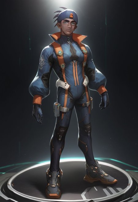 score_9, score_8_up, science fiction, exploration bodysuit, solo, 1boy, male focus,  dark-skinned male,  looking at viewer, raihan_hat, full body, earrings,