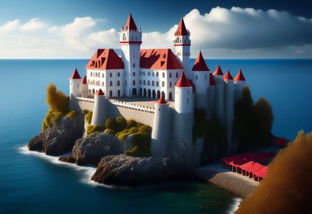 a (white stonework castle with red roofs) on a (rock spire) in a bay, (stone pier, Mole, Jetty), battlement, crenellations, Machicolations, rough sea, blue sky, clouds, sun beams, best quality, high Contrast,  masterpiece, realistic, photo-realistic, amazing, finely detail, ultra-detailed, highres, extremely detailed, 8k wallpaper, wizz style