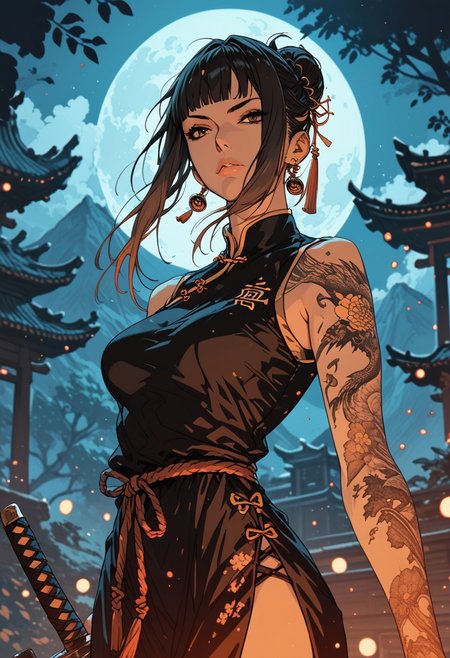score_9, score_8_up, score_7_up, score_6_up, 1woman, mature woman, (score_9, score_8_up:1.1), score_7_up,
Very long black hair, brown gradient hair, high hair bun, brown eyes, pale skin, medium breasts,  full right arm tattoo, sleeveless_kimono, Chinese attire, detailed background, chinese temple, tough face, night, dynamic pose,  shadows, posing, Standing, holding a sword, dark light, night,