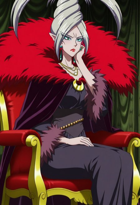official style,anime screencap,anime coloring,from side,looking at the viewers,1girl,solo,Dark Witch,pointy ears,green eyes,silver hair,tied-up hair,jewelry,earrings,necklace,makeup,lipstick,dress,fur trim,cape,huge breasts,curious expression,frown,sitting,on the chair,hand on right cheek