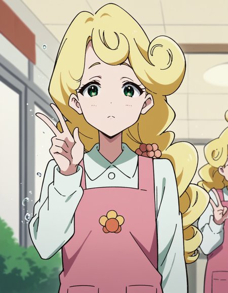 score_9, score_8_up, score_7_up, source_anime, <lora:kaori-hanase-s1-ponyxl-lora-nochekaiser:1>, kaoru hanase, long hair, blonde hair, hair over shoulder, green eyes, curly hair, otoko no ko,, apron, shirt, collared shirt, long sleeves, pink apron, denims, pants,, waterpark, slides, splash, fun, people, , v, v over eyes,, looking at viewer, solo,, dutch angle, cowboy shot