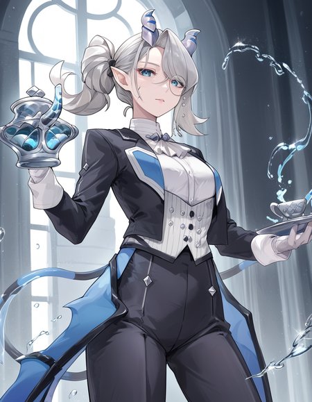 (score_9:0.9),score_8_up,score_7_up,rating_safe,(zPDXL3),(zPDXL),
masterpiece,intricate details,anime,4k,best quality,anime style,
<lora:arias the labrynth butler PonyXL v1:0.82>,
arias the labrynth butler,1girl,solo,butler,arm behind back,looking at viewer,white gloves,water,teapot,black tailcoat,black pants,cowboy shot,white ascot,demon girl,monocle,white shirt,holding teapot,scar,low demon wings, silver castle, from below