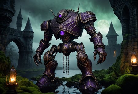 giant bipedal robot dirty dark purple and dark green, bronze paisley robot. lacy robot metal banded head. outside of a steampunk keep. large detailed torso. dark image. one forty foot tall ancient robot with great arms and two heavy spring legs. dark foggy night background. $dark foggy night image only. dark photo realistic image. steampunk details. cogs, chains and pipes incorporated in the fantasy buildings. magic wizards tower in background. Dark swamp, moss, castle ruins, wizards tower. stormy dark night.  stormy sky.