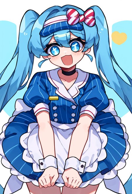 score_9, score_7_up, source_anime, solo, BREAK  <lora:vocaloid_mesmerizermiku_ponyXL:1> mesmerizermiku, blue eyes, twintails, hair bow, striped bow,  visor cap, frills, blue dress, vertical-striped dress, buttons, puffy short sleeves, wrist cuffs, waist apron, frilled apron, black choker, <lora:Momoiiroo_Art_Style_PonyXL:1> momoiiroo,