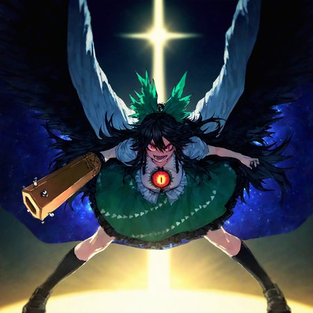 touhou, reiuji_utsuho,1girl,black_footwear,black_hair,black_socks, black_wings ,bow, cape ,feathered_wings, glowing, glowing_eyes, green_bow ,green_skirt ,hair_bow ,kneehighs, long_hair, looking_at_viewer ,red_eyes ,shirt ,skirt ,socks, solo ,starry_sky_print, sun ,teeth ,third_eye, white_shirt, wings, cowboy_shot, face focus, arm_cannon, control_rod_(touhou),   incoming_attack, backlighting , aiming ,
(masterpiece, best quality, high quality, absurdres, highres, newest, very awa),(zyugoya:0.8),quasarcake:0.7, Fishine,