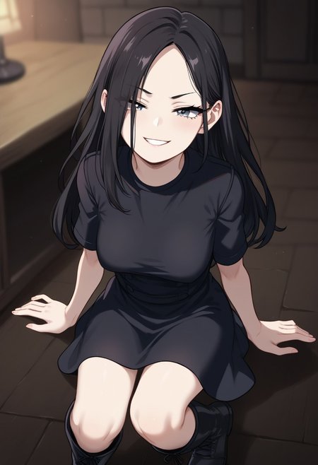 Expressiveh, score_9, score_8_up, score_7_up, source_anime, <lora:GreatM8_Style_XL_Pony_Revision:1>, greatm8 style, resident evil, Eveline, pale skin, 1girl, solo, smug, expressive eyes, grey eyes, black hair, long hair, hair over one eye, black dress, short sleeves, boots, perky breasts, petite, skinny body, (sexy pose), (haunted house, basement, spooky, nighttime)