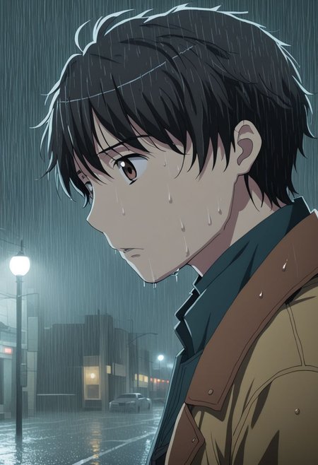 high resolution, solo, best quality, 1Boy, Inaho Kaizuka, Black Hair, Brown Eyes, heavy rain, downtown, night, looking down, sad, leather jacket, looking away, wet, wet hair, OverallDetail