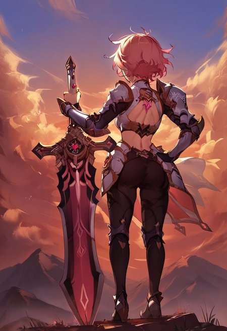 score_9, score_8_up, score_7_up,
source_anime, 
1girl, solo, 
planted-sword, holding sword, pose, resting stance, shortstack, 
(greatsword, giant_sword, one-handed, one hand holding weapon), other hand resting at hip, perfect face, short hair, light armor, (back view, behind view), 
cloud, sunset, wind, 
fantasy background, concept art, Expressiveh, 
 <lora:planted_sword:1>