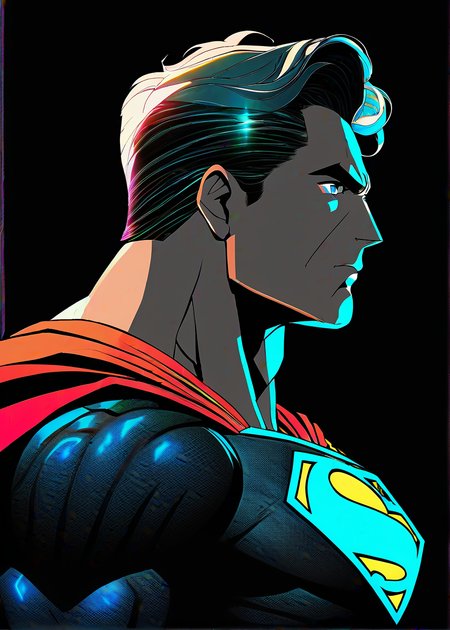 masterpiece, best quality, superman, solo, futuristic, intricate, over the shoulder, looking at viewer, black background, simple background, glow in the dark, sci-fi, multicolored hair, aqua eyes, warrior