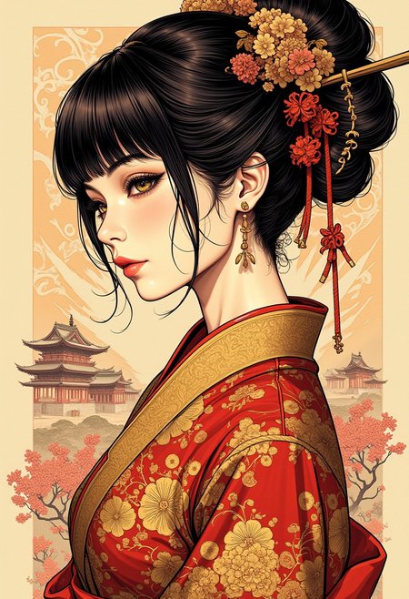 ArsNijiStyle, Inkplash art on rice paper, sepia, henna , Silhouette Art, magnificent, dark background, inksplash closeup side portrait of stunning japanese woman, gold and red cheongsam, bangs, sidelocks, china dress, abstract traditional japanese art background suggesting a shinto temple