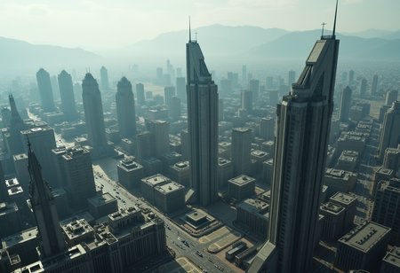The city from The Hunger Games movies, concrete structures, authoritarian architecture, drone view , mountains in the far background , realistic, photo, cinematic