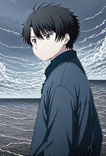 high resolution, solo, best quality, 1Boy, Inaho Kaizuka, Black Hair, gloomy, Sky, strong wind, OverallDetail