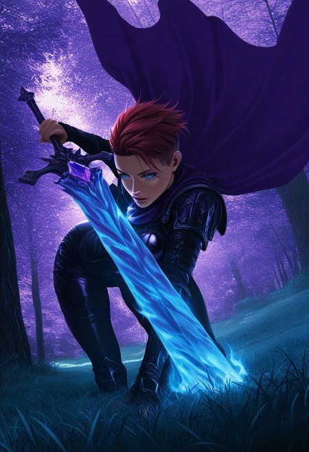 masterpiece, best quality, amazing quality, very aesthetic, absurdres, dynamic angle, ultra-detailed, highly detailed, cinematic lighting, realistic shading, purple cape, leather armor, 1girl, Solo, red hair, undercut, blue eyes,  purple blue crystal, trees, grass,
Hold sword, Great sword, Flaming sword, large weapon, MinekuraStyle