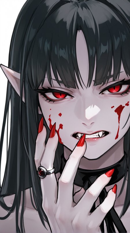 1girl, solo, long_hair, looking_at_viewer, bangs, simple_background, black_hair, red_eyes, white_background, ribbon, jewelry, grey_hair, teeth, choker, pointy_ears, hand_up, nail_polish, fingernails, black_ribbon, blood, fangs, black_choker, ring, clenched_teeth, pale_skin, portrait, red_nails, long_fingernails, blood_on_face, sharp_fingernails, vampire