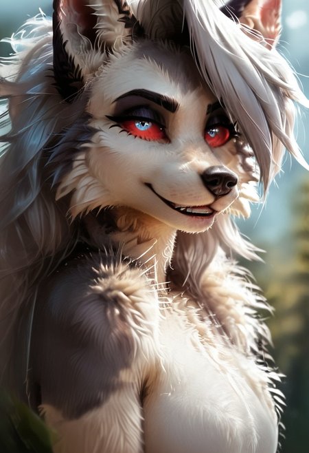 Score_9, loona, helluva_boss, furry, anthro, short hair, grey hair, animal ears, tail, dog girl, wolf girl, animal nose, dog tail, furry female, wolf tail, furry, wolf ears, dog ears, snout, two-tone fur, grey fur, furrification, makeup, fur, fur trim,  absurd res, red scelera, sharp focus, <lora:more_details:1.0> detailed background, volumetric lighting, detailed skin, detailed hair, extremely detailed, ultra 8k quality, white iris, high gradient eyes, medium breasts, flat color, dark theme, high definition eyes, fluffynegative, , white snout, smile, happy
Hyperrealistic, photorealistic, realistic, ultrarealistic, high definition, Fluffy, detailed fur, eyesHD, detailed_eye_model, highres, super high resolution, 8k,