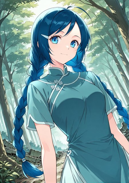 <lora:Ling-Er__Battle_Through_the_Heavens__Illustrious:1>
1 girl, solo, blue eyes, blue hair, braid, twin braids, long hair, ahoge, chinese clothes, short sleeves, hair ornament, hairclip, 
score_9, score_8_up, score_7_up, very aesthetic, source_anime, detailed, high quality, beautiful, masterpiece, detailed eyes, forest, tree, ruins, cowboy shot, dynamic angle, upper body, light smile, dynamic pose