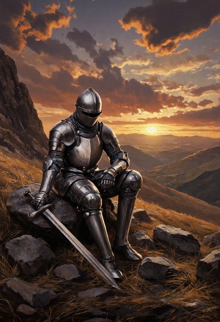 artwork depicting a medieval knight in full armor, sitting on a rocky hillside at sunset. The knight is positioned centrally, with his back resting against a large, flat rock. His helmet, made of polished steel, covers his head, and his visor is down, obscuring his face. He wears a breastplate, pauldrons, vambraces, and greaves, all made of metallic armor, which reflect the warm hues of the setting sun. The knight's right hand rests on his knee, while his left hand holds the hilt of a long, broadsword that lies across his lap. The sword's blade is dark and sharp, with a crossguard and pommel at the hilt.The background features a dramatic, partly cloudy sky with shades of orange, red, and gold, casting a warm glow over the scene. The horizon is lined with distant mountains, their silhouettes outlined against the sky. The ground is rough and covered with dry grass and scattered rocks, adding to the rugged, medieval atmosphere. The overall color palette is rich and moody, with metallic reflections contrasting against the earthy tones of the landscape. The image conveys a sense of solitude, reflection, and the weight of history.,aidmaimageupgrader, aidmaMJ6.1 <lora:aidmaMJ6.1-FLUX-v0.5:0.7> <lora:aidmaImageUprader-FLUX-v0.3:0.4>