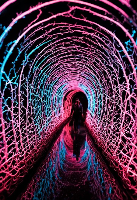 steep, tunnel, made of tiny neon glass filaments,