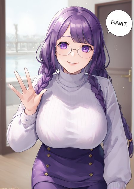 1girl, huge breast, , braid, breasts, glasses, long hair, long sleeves, looking at viewer, purple eyes, purple hair, smile, smirk, solo, speech bubble, sweater, talking, turtleneck, turtleneck sweater, twin braids, upper body, waving, white sweater,  <lora:ç´ækuonxxx02:1>