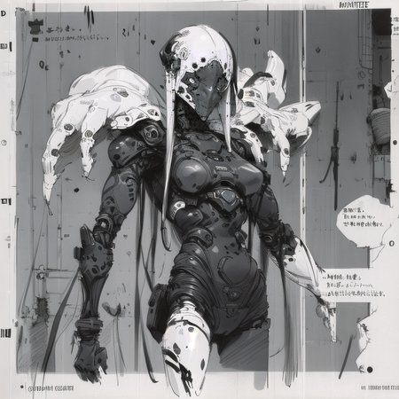 monsters-creatures, cyborg girl <lora:epiNoiseoffset_v2:1.3>, <lora:blameLora_v10:1>, heavy black and white, (((concept art, drawing, sketch, Undd, solo))), <lora:Undead Nirasawa II:0.6>,