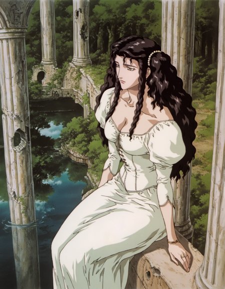 best quality, highres, absurdres, (traditional media, refined digital media \(artwork\):0.6),  masterpiece, anime screenshot, 1990s (style),
(artist: sabu \(sabudenego\):0.6),universal portrait, angle, dynamic, perspective, solo,
charlotte elbourne \(vampire hunter d\), 1girl,  outdoors, dress, white dress, long hair, black hair, long dress, forest, ruins, nature, water, eyes, jewelry, upper body, cleavage, 
 <lora:Vampire Hunter D Illustrious-step00000700:0.9>