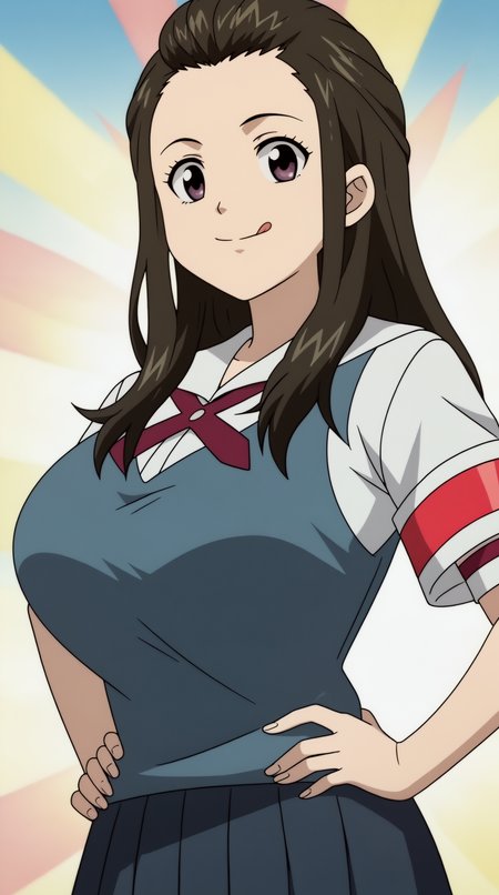 score_9, score_8_up, score_7_up,anime_source, source_anime, best background, detailed background, anime screencap, 4k, upscale,  unyuu mimori, bangds pinned back, solo, smile, school uniform, armband, huge breasts, hands on hips, tongue out, happy,  <lora:JN_Unyuu_Mimori_Pony:0.8>