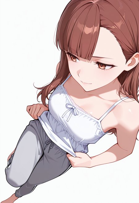 masterpiece,high quality details, absurdres,
<lora:Nagisa_Satou:0.8>
nagisa_cnr, 1girl, brown hair, long hair, blunt bangs, asymmetrical bangs, brown eyes,, simple background, white background, from above,solo,, crazy,light smile,, opposite leg lifted backward,slight side bend,serious face,, camisole,blouse,sweatpants,  ,bridal legwear,