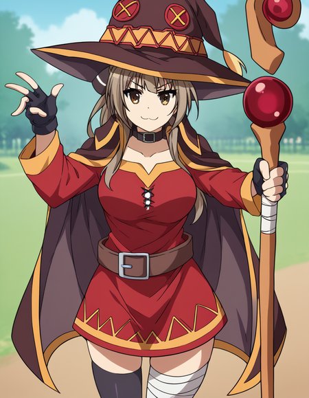 score_9, score_8_up, score_7_up, source_anime, <lora:isuzu-sento-s1-ponyxl-lora-nochekaiser:1>, isuzu sento, long hair, brown hair, bow, brown eyes, ponytail, hair intakes, antenna hair, large breasts, <lora:megumin-cosplay-ponyxl-lora-nochekaiser:1>, megumin cosplay, megumin (cosplay), thighhighs, gloves, hat, dress, black gloves, belt, black thighhighs, fingerless gloves, cape, collar, witch hat, bandages, red dress, single thighhigh, asymmetrical legwear, bandaged leg,, staff, holding staff, smug, outdoors, looking at viewer, cowboy shot,