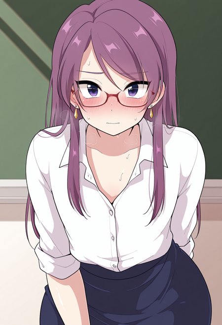 solo, skirt, chalkboard, clothes, long hair, glasses, blush, shirt, white shirt, purple hair, teacher, looking at viewer, earrings, jewelry, male focus, 1boy, trap, flat chest, purple eyes, sweat,otoko no ko, collared shirt,
<lora:UrakusoIL-style:1>,urakusodryrstyle, masterpiece,best quality,amazing quality,