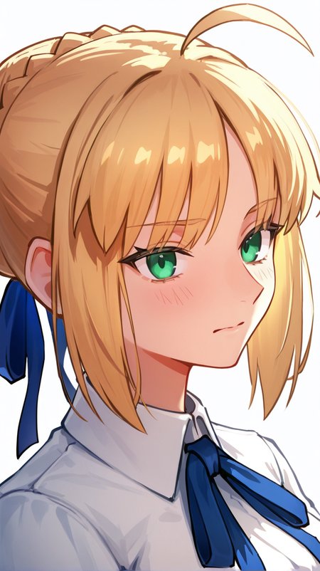 artoria_pendragon_\(fate\), saber, 1girl, solo, blush, short_hair, bangs, blonde_hair, simple_background, shirt, long_sleeves, white_background, ribbon, closed_mouth, green_eyes, hair_ribbon, white_shirt, braid, ahoge, collared_shirt, hair_bun, single_hair_bun, blue_ribbon, portrait