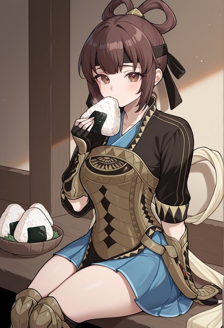 1girl, solo, brown hair, hair rings, brown eyes, headband, chinese clothes, black shirt, armor, blue skirt, armored boots, fingerless gloves, sitting, holding onigiri, looking at viewer <lora:Miakis_Illus:1>, masterpiece, best quality, amazing quality, very aesthetic, absurdres, highres, newest