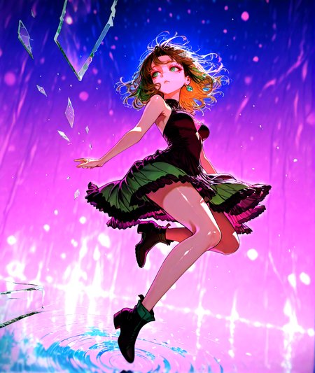 masterpiece,best quality,solo,(solo focus:1.4),(solo:1.2),1girl,(Full body Shot:1.1),detailed background,dramatic lighing,cinematic still,<lora:BrokenGlass_illusXL_Incrs_v1:1.3>,glass shards,pink eye makeup,pink eyeshadow,light skin , medium hair , two-tone hair, brown hair , Multicolour iris, suspicious eyes, dark green eyes , realistic eyes, detailed eyes , looking away from viewer, looking to the side, from the side , medium breasts,multicolor background,colorful,at night,clothing in wind,hair in wind,[magical girl, dress | goth, gothic dress],reflection,broken glass,full body shot,jumping, freeze frame, mid air, jumping straight up ,<lora:BLE(Illust)0.1v:1>,ripples,galaxy,neon lights,film grain,particles,blurry background,bokeh background,stars,realistic,jewelry,featured on pixiv,<lora:ChamIllustriousBackgroundEnhancer>,<lora:UK shiny_skin1v_ILXL:0.8>,shiny skin,