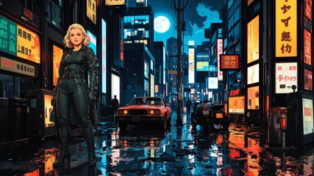 prom hairstyle strawberry blonde hair young woman, anime, comic, illustration, cyberpunk, futuristic, extremely detailed, portrait, standing, happy smile, beautiful cyberpunk tokyo buildings landscape, wet floor, windows, car, motorbike, moon in the sky, bright neon lights, screen holograms, kanjis, raytracing, hdr, high contrast, cinematic lights, backlight, reflections, legs, heels, sharp focus, luminous Forest Green robot glossy brilliant armor, body lights, body circuits, glossy lipstick, necklace, v-shaped earrings, colorful, retrowave, shadows, vibrant colors, colorful, bright, pretty, beautiful, feminine, sexy, lovely, in love, adorable, fashion, <lora:Hand v2:1> <lora:Anti-Blur:2> <lora:Insane Detail Slider:0.5>  <lora:flux.1_lora_flyway_Epic-detail_v2:0.3><lora:fluxenhancer:0.5> <lora:RetroAnimeFluxV1:0.4> <lora:CPA:0.8> <lora:Luminous_Shadowscape:0.4>