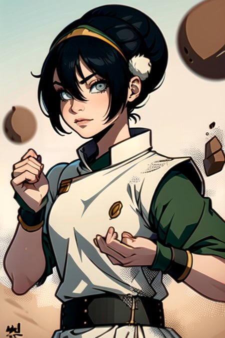 <lora:Toph:1> toph, 1girl, solo, looking at viewer, bangs, black hair, hair between eyes, closed mouth, upper body, hairband, artist name, hair bun, grey eyes, chinese clothes, clenched hands, fighting stance, white eyes, blind