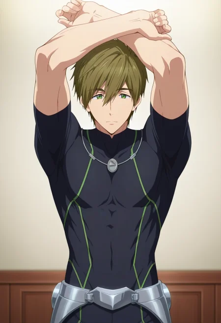 masterpiece, best quality, intricate details, anime screencap, , , looking at viewer, 1boy, solo, male focus, <lora:makoto_tachibana_ilxl:0.98>, makoto_tachibana, brown hair, green eyes, hair between eyes, tachibana makoto, studio with white backdrop, in dramatic pose, arms raised, int, swashbuckler costume
