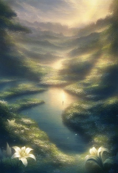detailed background, from above,( Calm spring night landscape), amongst lush greenery, beautiful view, Flower Field, lily flower in full bloom, lily flower, early morning, sunrise sky, beautiful clouds, dappled sunlight, beautiful, Tranquil Lake, Walkway, petals dancing in the wind, depth of field, masterpiece, best quality, ultra-detailed, very aesthetic, illustration, perfect composition, intricate details, absurdres, moody lighting, wisps of light, no humans,