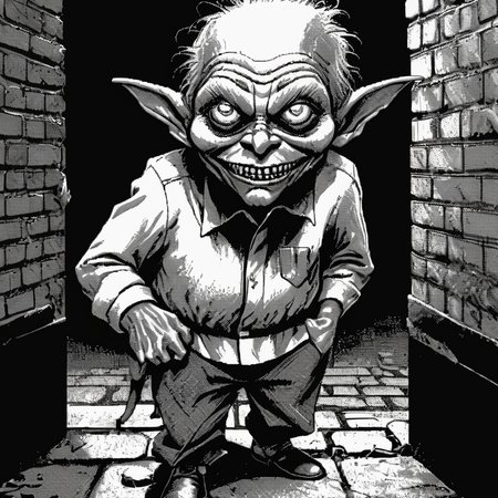 <lora:Macpaint-XL-000015:1>, Macpaint, a black and white pixel image of a creepy goblin up to no good in a dark alley with brick walls and trash, film noir, pixel art, best quality, 80s, masterpiece, dithering
